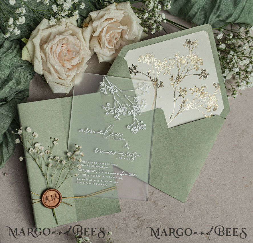 WEDDING INVITATIONS plexi acrylic mirror Sage Green Frozen Transparent Baby Breath Wedding Invitations, Elegant Garden Gypsophila Wedding Cards, Greenery Acrylic  Wedding Invites, Frosted Plexi Wedding Invitation Suite