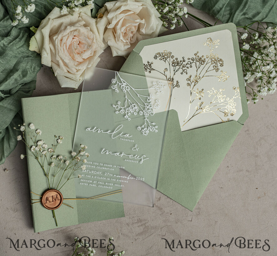WEDDING INVITATIONS plexi acrylic mirror Sage Green Frozen Transparent Baby Breath Wedding Invitations, Elegant Garden Gypsophila Wedding Cards, Greenery Acrylic  Wedding Invites, Frosted Plexi Wedding Invitation Suite