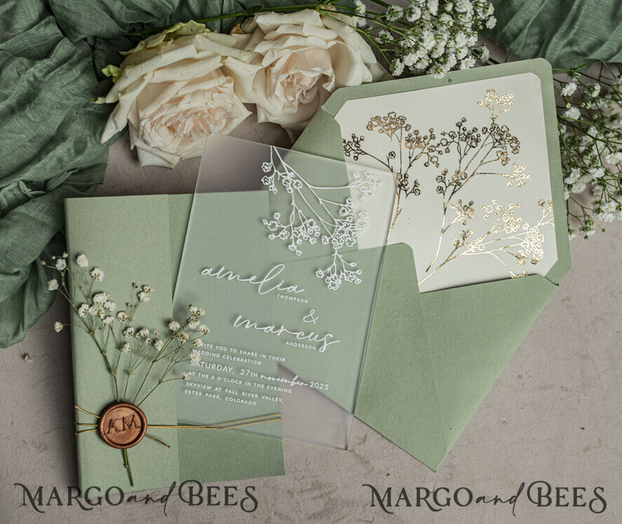 WEDDING INVITATIONS plexi acrylic mirror Sage Green Frozen Transparent Baby Breath Wedding Invitations, Elegant Garden Gypsophila Wedding Cards, Greenery Acrylic  Wedding Invites, Frosted Plexi Wedding Invitation Suite