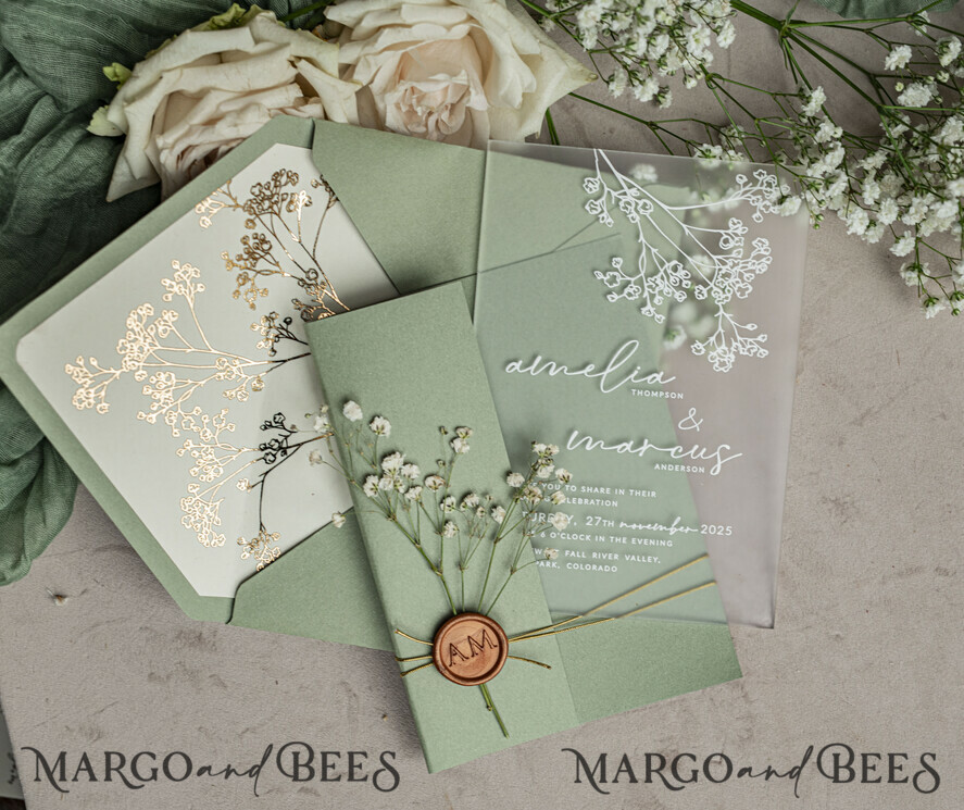 WEDDING INVITATIONS plexi acrylic mirror Sage Green Frozen Transparent Baby Breath Wedding Invitations, Elegant Garden Gypsophila Wedding Cards, Greenery Acrylic  Wedding Invites, Frosted Plexi Wedding Invitation Suite