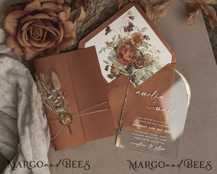 WEDDING INVITATIONS plexi acrylic mirror Fall Terracotta Clear Arched Wedding Invitations, Autumn Elegant Garden Wedding Cards, Burnt Orange Acrylic transparent  Wedding Invites,  Arch Plexi Wedding Invitation Suite
