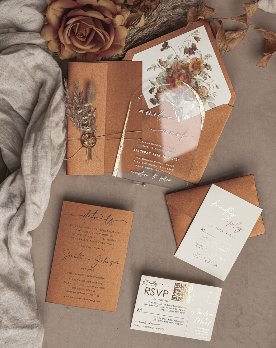 WEDDING INVITATIONS plexi acrylic mirror Fall Terracotta Clear Arched Wedding Invitations, Autumn Elegant Garden Wedding Cards, Burnt Orange Acrylic transparent  Wedding Invites,  Arch Plexi Wedding Invitation Suite