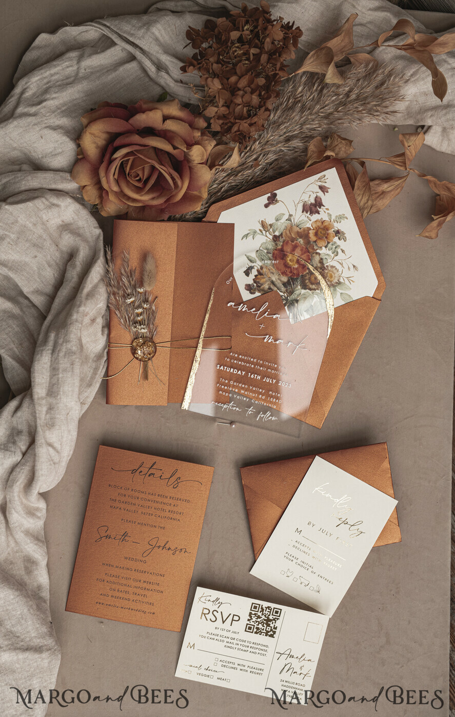 WEDDING INVITATIONS plexi acrylic mirror Fall Terracotta Clear Arched Wedding Invitations, Autumn Elegant Garden Wedding Cards, Burnt Orange Acrylic transparent  Wedding Invites,  Arch Plexi Wedding Invitation Suite