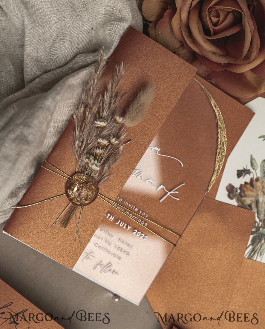 WEDDING INVITATIONS plexi acrylic mirror Fall Terracotta Clear Arched Wedding Invitations, Autumn Elegant Garden Wedding Cards, Burnt Orange Acrylic transparent  Wedding Invites,  Arch Plexi Wedding Invitation Suite