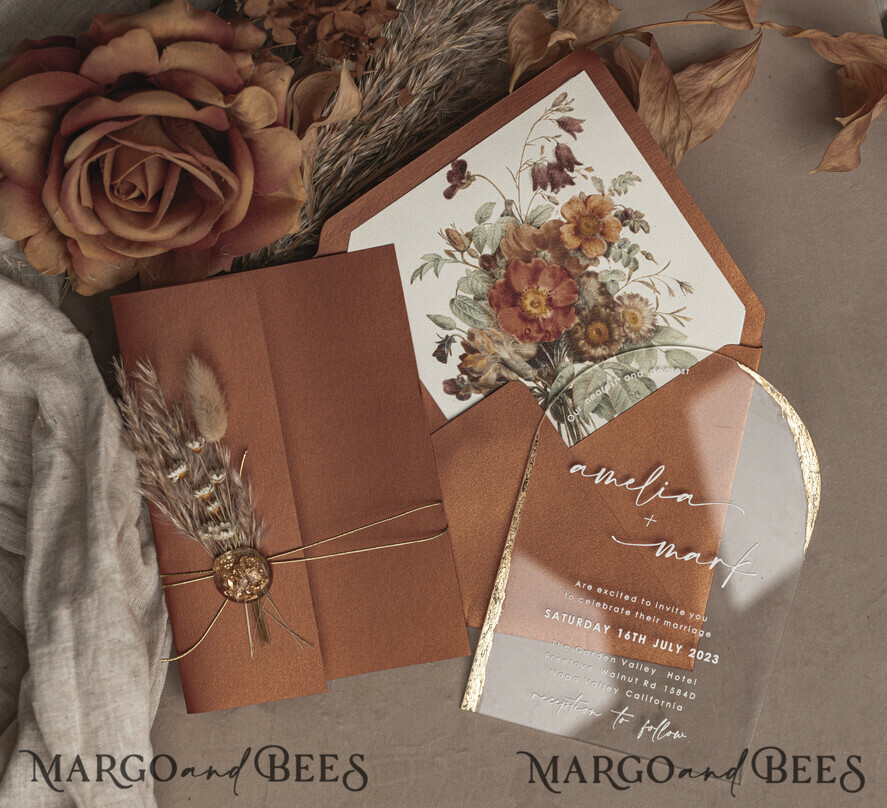 WEDDING INVITATIONS plexi acrylic mirror Fall Terracotta Clear Arched Wedding Invitations, Autumn Elegant Garden Wedding Cards, Burnt Orange Acrylic transparent  Wedding Invites,  Arch Plexi Wedding Invitation Suite