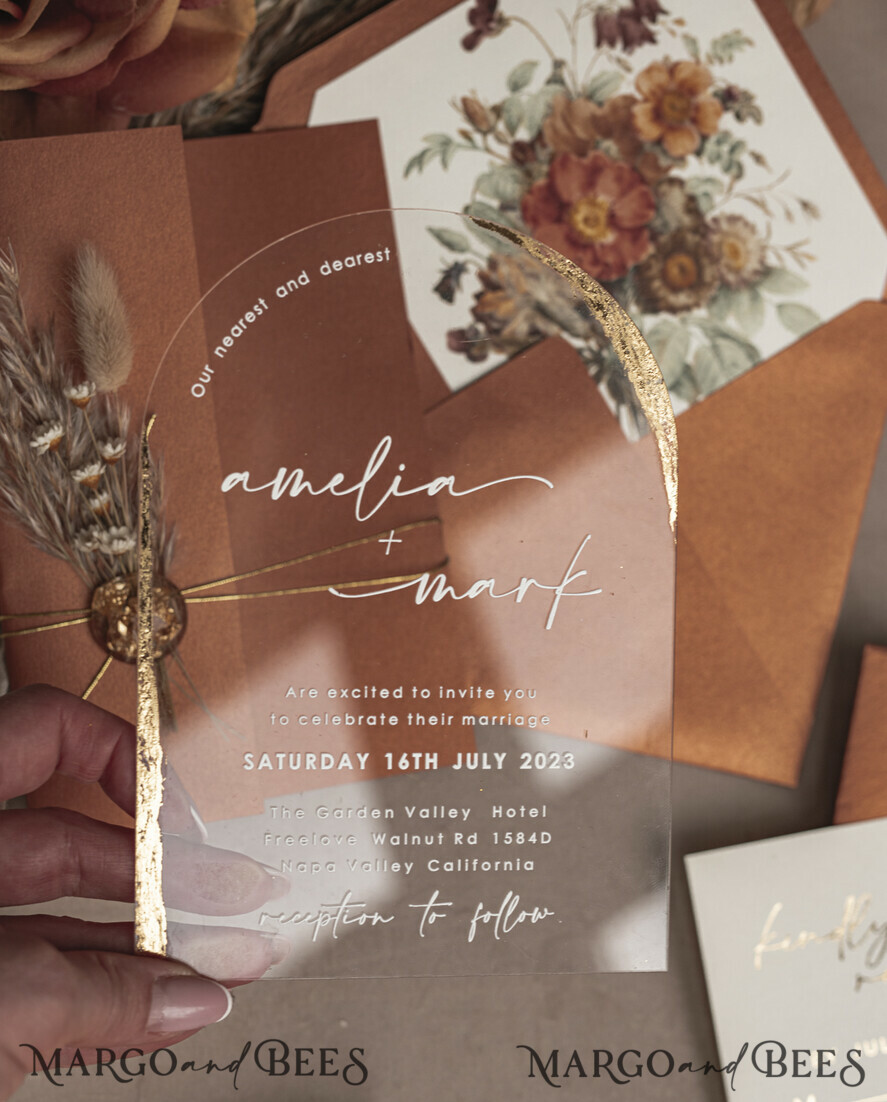 WEDDING INVITATIONS plexi acrylic mirror Fall Terracotta Clear Arched Wedding Invitations, Autumn Elegant Garden Wedding Cards, Burnt Orange Acrylic transparent  Wedding Invites,  Arch Plexi Wedding Invitation Suite