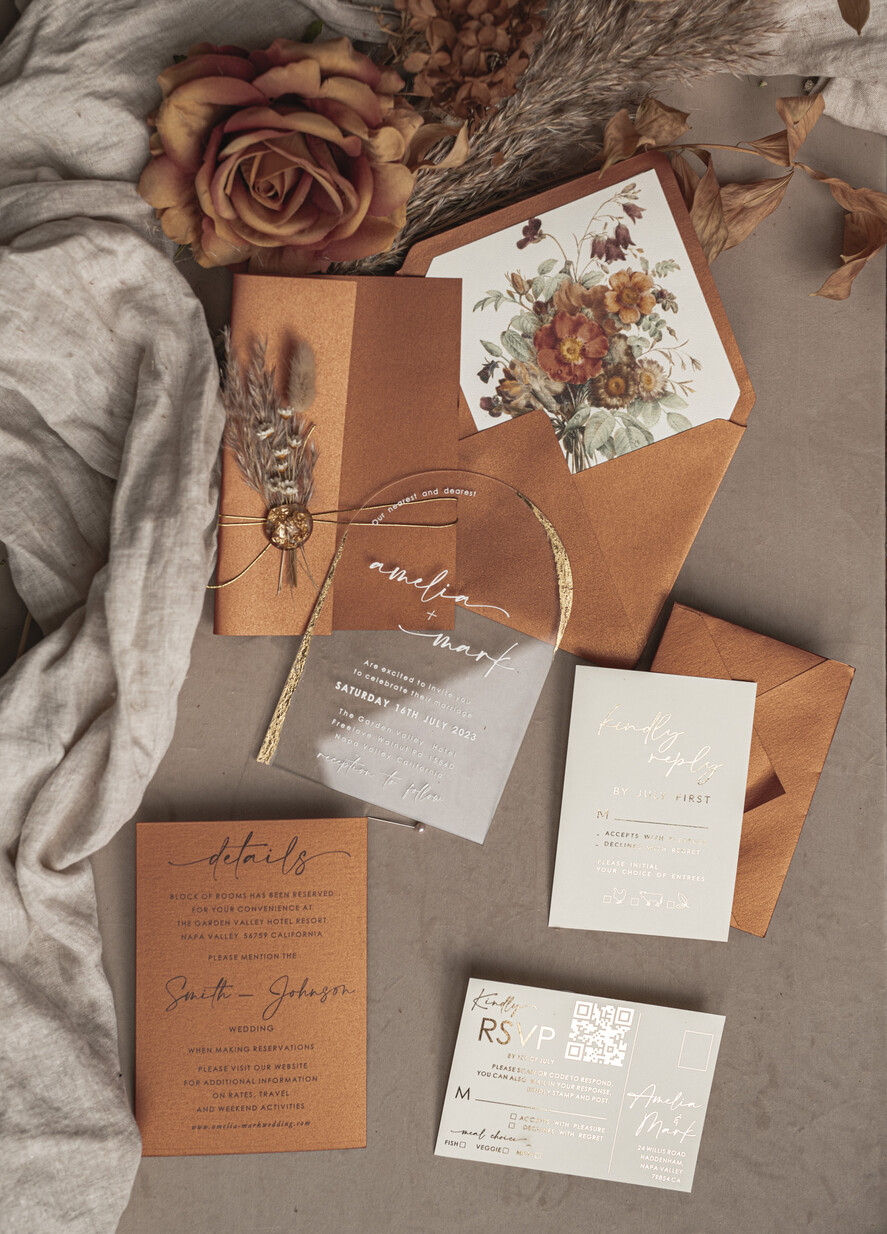 WEDDING INVITATIONS plexi acrylic mirror Fall Terracotta Clear Arched Wedding Invitations, Autumn Elegant Garden Wedding Cards, Burnt Orange Acrylic transparent  Wedding Invites,  Arch Plexi Wedding Invitation Suite