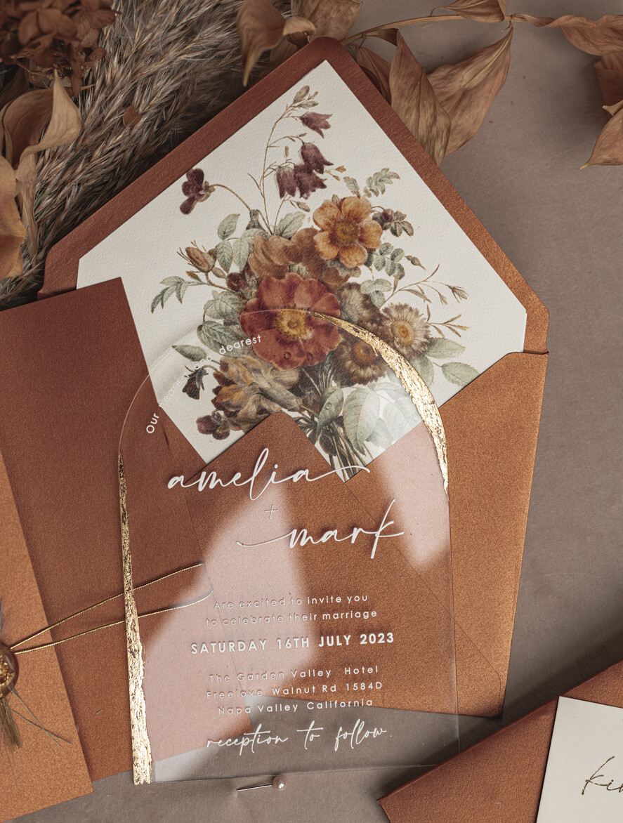 WEDDING INVITATIONS plexi acrylic mirror Fall Terracotta Clear Arched Wedding Invitations, Autumn Elegant Garden Wedding Cards, Burnt Orange Acrylic transparent  Wedding Invites,  Arch Plexi Wedding Invitation Suite