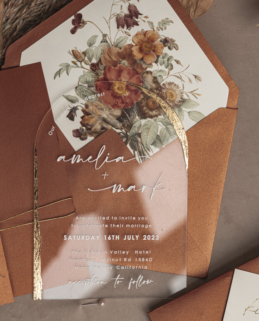 WEDDING INVITATIONS plexi acrylic mirror Fall Terracotta Clear Arched Wedding Invitations, Autumn Elegant Garden Wedding Cards, Burnt Orange Acrylic transparent  Wedding Invites,  Arch Plexi Wedding Invitation Suite