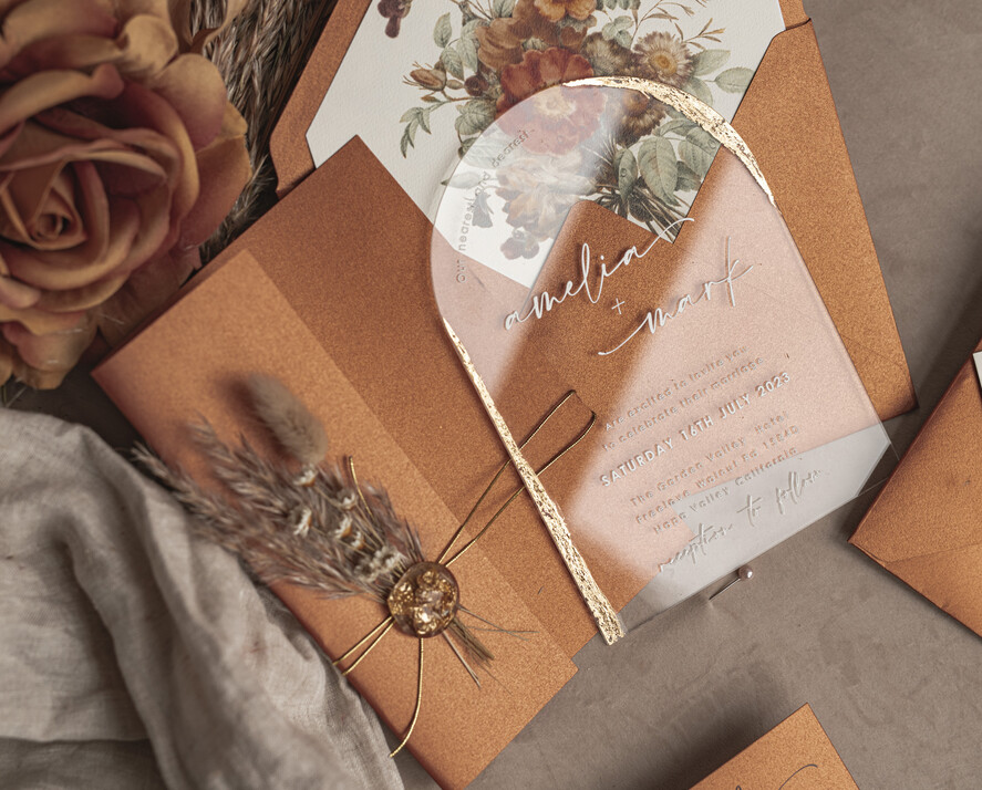 WEDDING INVITATIONS plexi acrylic mirror Fall Terracotta Clear Arched Wedding Invitations, Autumn Elegant Garden Wedding Cards, Burnt Orange Acrylic transparent  Wedding Invites,  Arch Plexi Wedding Invitation Suite