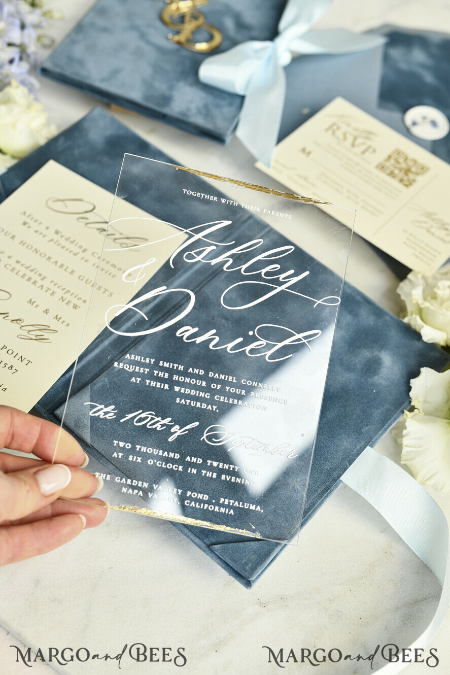 WEDDING INVITATIONS plexi acrylic mirror velvet Cover Clear Wedding Invitations, Elegant dusty blue Wedding Cards,  Acrylic Wedding Invites, Mirror Gold Plexi Invitation Suite