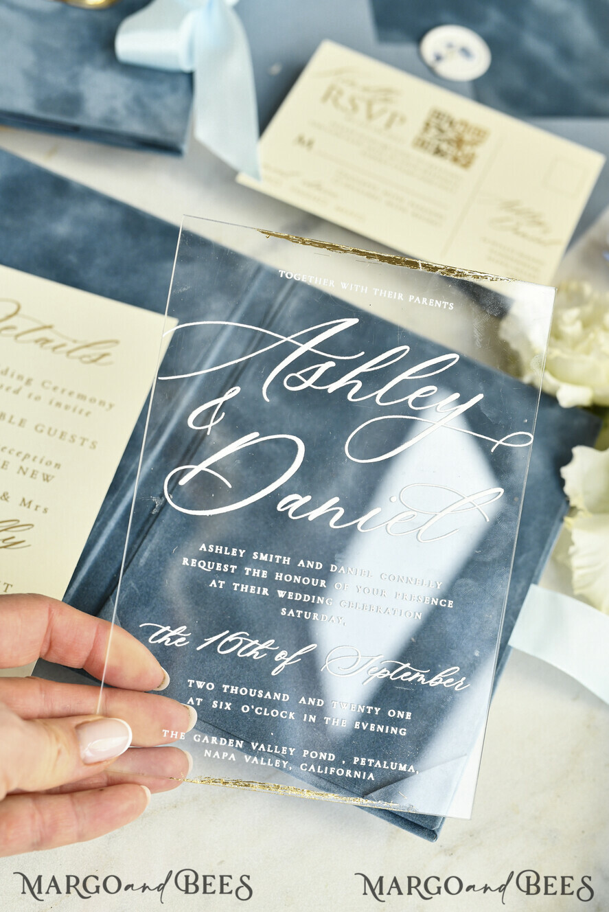 WEDDING INVITATIONS plexi acrylic mirror velvet Cover Clear Wedding Invitations, Elegant dusty blue Wedding Cards,  Acrylic Wedding Invites, Mirror Gold Plexi Invitation Suite