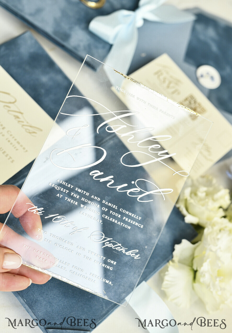 WEDDING INVITATIONS plexi acrylic mirror velvet Cover Clear Wedding Invitations, Elegant dusty blue Wedding Cards,  Acrylic Wedding Invites, Mirror Gold Plexi Invitation Suite