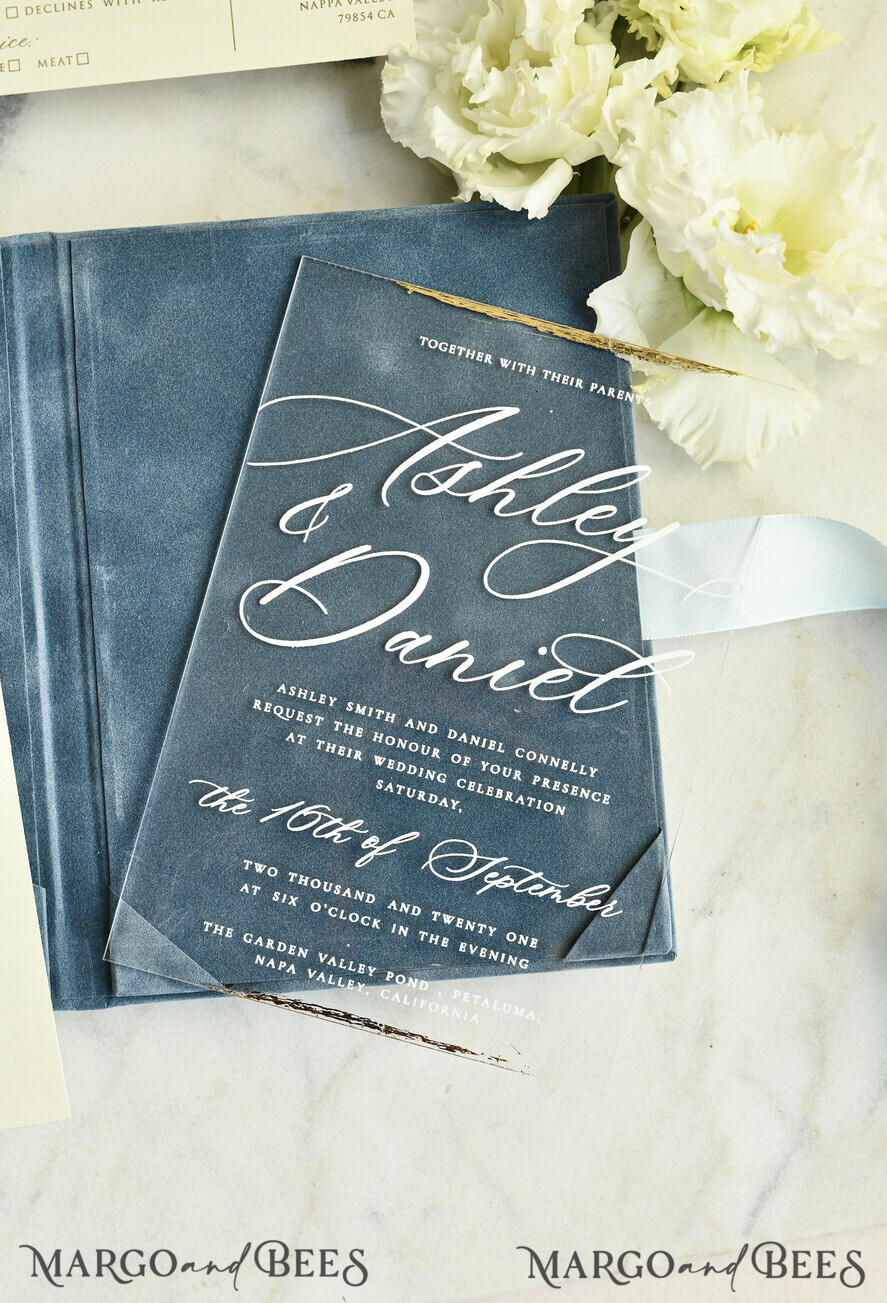 WEDDING INVITATIONS plexi acrylic mirror velvet Cover Clear Wedding Invitations, Elegant dusty blue Wedding Cards,  Acrylic Wedding Invites, Mirror Gold Plexi Invitation Suite