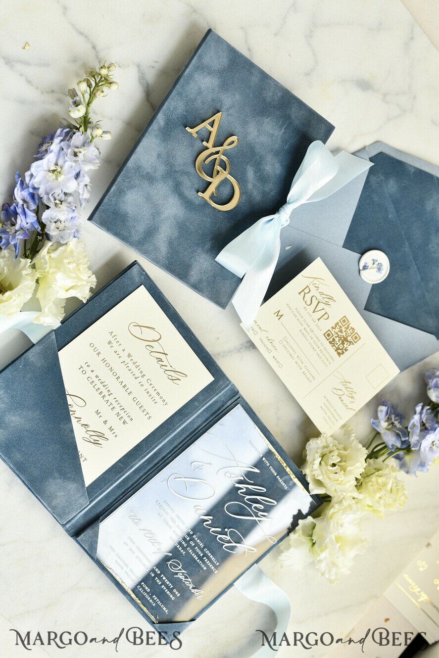 WEDDING INVITATIONS plexi acrylic mirror velvet Cover Clear Wedding Invitations, Elegant dusty blue Wedding Cards,  Acrylic Wedding Invites, Mirror Gold Plexi Invitation Suite