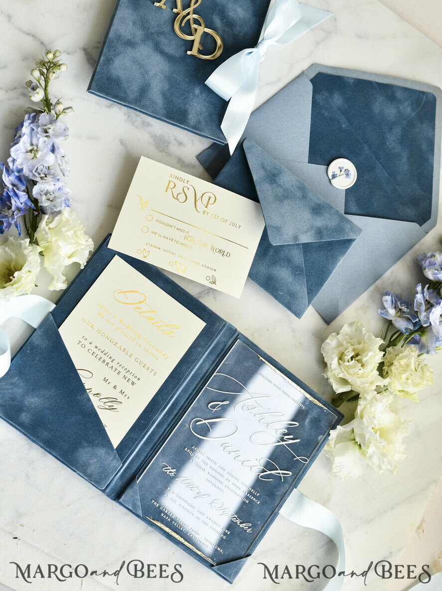 WEDDING INVITATIONS plexi acrylic mirror velvet Cover Clear Wedding Invitations, Elegant dusty blue Wedding Cards,  Acrylic Wedding Invites, Mirror Gold Plexi Invitation Suite