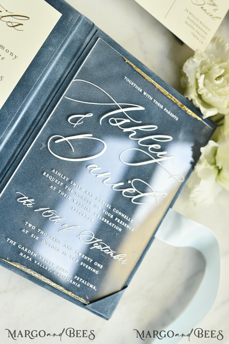 WEDDING INVITATIONS plexi acrylic mirror velvet Cover Clear Wedding Invitations, Elegant dusty blue Wedding Cards,  Acrylic Wedding Invites, Mirror Gold Plexi Invitation Suite