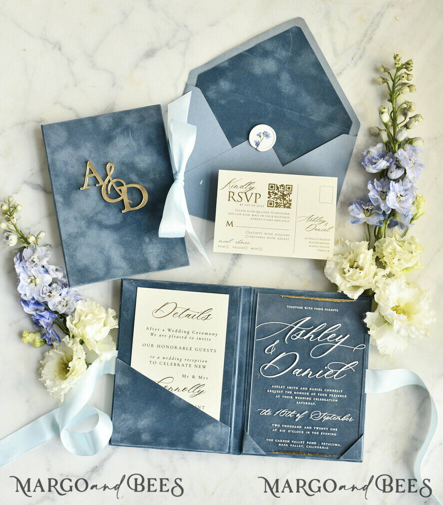 WEDDING INVITATIONS plexi acrylic mirror velvet Cover Clear Wedding Invitations, Elegant dusty blue Wedding Cards,  Acrylic Wedding Invites, Mirror Gold Plexi Invitation Suite