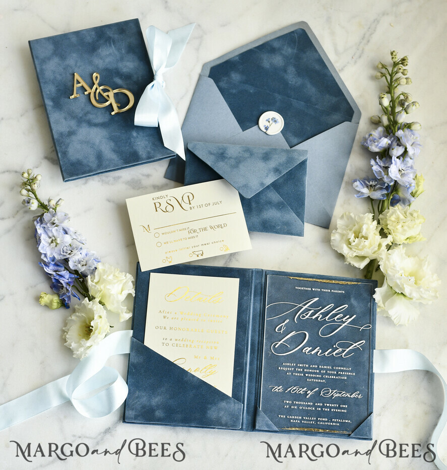 WEDDING INVITATIONS plexi acrylic mirror velvet Cover Clear Wedding Invitations, Elegant dusty blue Wedding Cards,  Acrylic Wedding Invites, Mirror Gold Plexi Invitation Suite