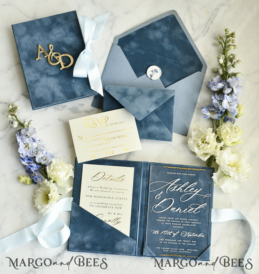 WEDDING INVITATIONS plexi acrylic mirror velvet Cover Clear Wedding Invitations, Elegant dusty blue Wedding Cards,  Acrylic Wedding Invites, Mirror Gold Plexi Invitation Suite