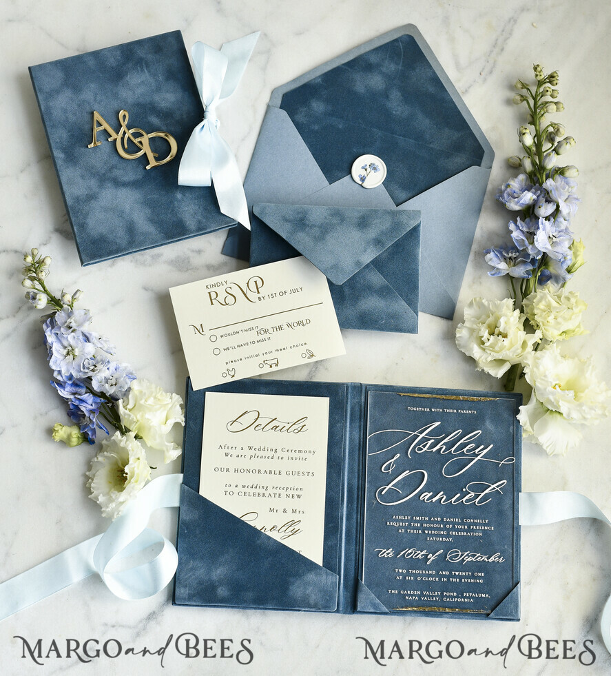 WEDDING INVITATIONS plexi acrylic mirror velvet Cover Clear Wedding Invitations, Elegant dusty blue Wedding Cards,  Acrylic Wedding Invites, Mirror Gold Plexi Invitation Suite