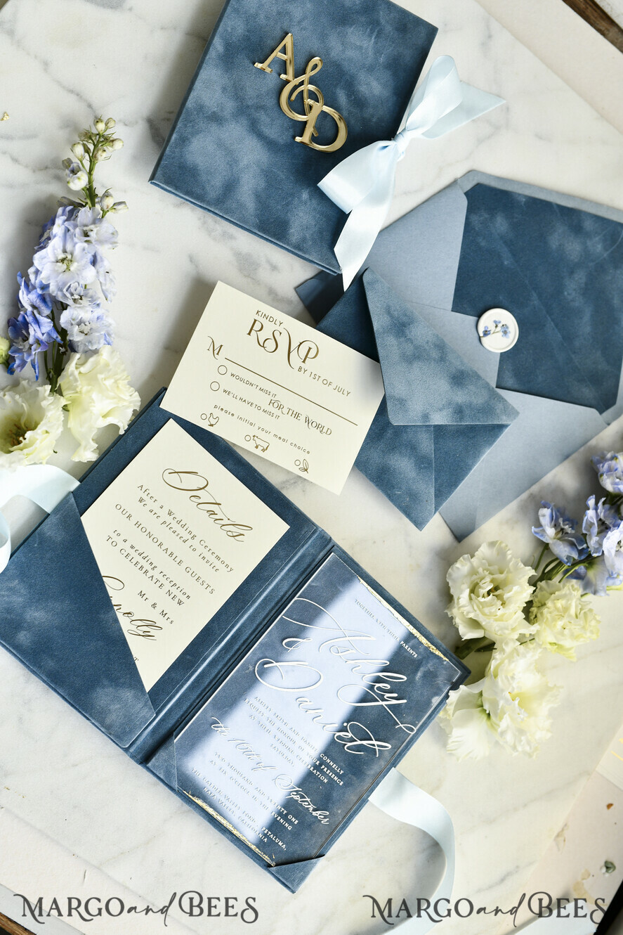WEDDING INVITATIONS plexi acrylic mirror velvet Cover Clear Wedding Invitations, Elegant dusty blue Wedding Cards,  Acrylic Wedding Invites, Mirror Gold Plexi Invitation Suite