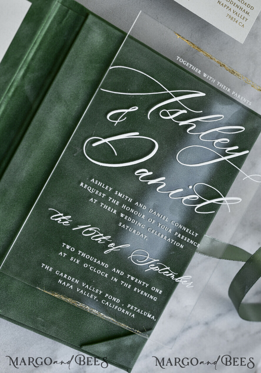 WEDDING INVITATIONS plexi acrylic mirror velvet Cover Clear Wedding Invitations, Elegant sage green Wedding Cards,  Acrylic Wedding Invites, Mirror Gold Plexi Invitation Suite