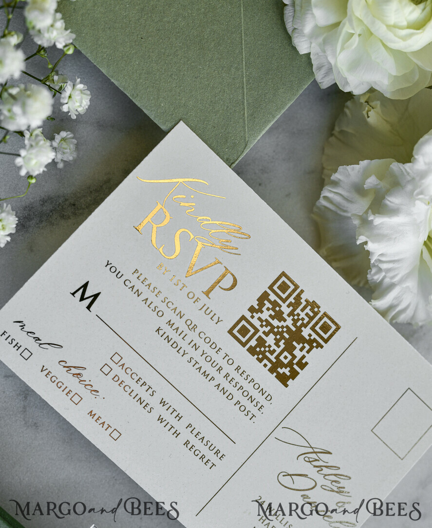 WEDDING INVITATIONS plexi acrylic mirror velvet Cover Clear Wedding Invitations, Elegant sage green Wedding Cards,  Acrylic Wedding Invites, Mirror Gold Plexi Invitation Suite
