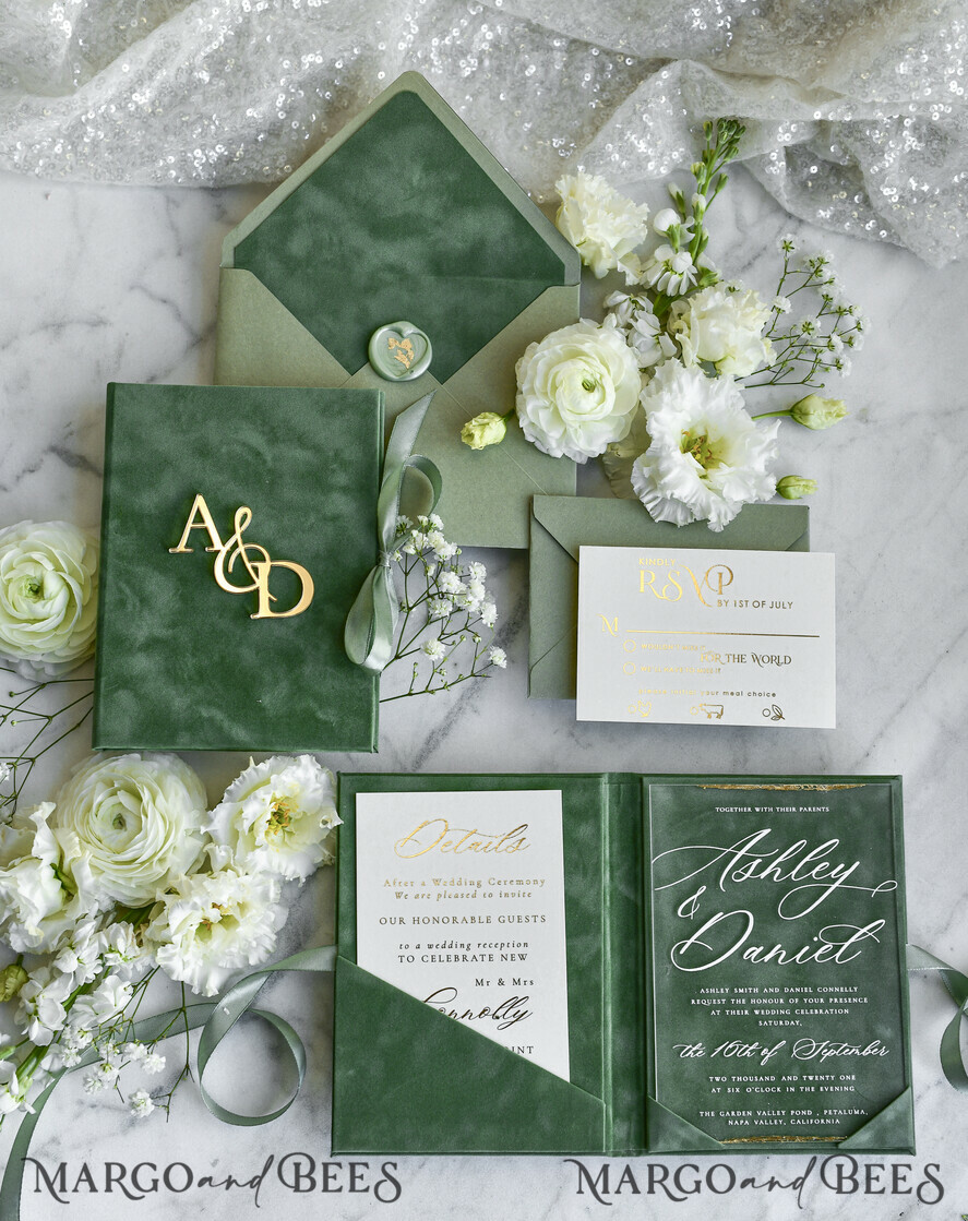 WEDDING INVITATIONS plexi acrylic mirror velvet Cover Clear Wedding Invitations, Elegant sage green Wedding Cards,  Acrylic Wedding Invites, Mirror Gold Plexi Invitation Suite