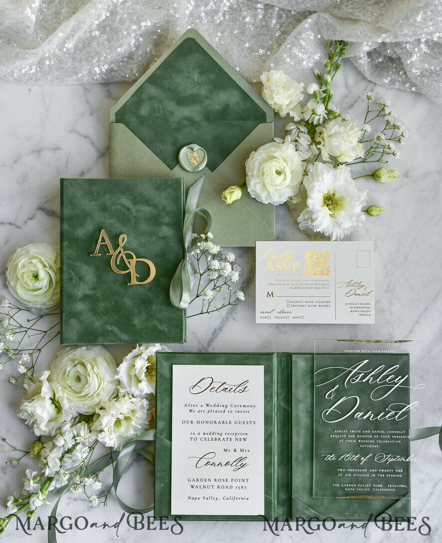 WEDDING INVITATIONS plexi acrylic mirror velvet Cover Clear Wedding Invitations, Elegant sage green Wedding Cards,  Acrylic Wedding Invites, Mirror Gold Plexi Invitation Suite