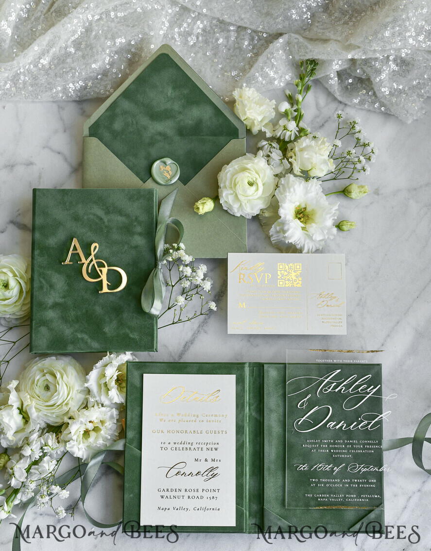 WEDDING INVITATIONS plexi acrylic mirror velvet Cover Clear Wedding Invitations, Elegant sage green Wedding Cards,  Acrylic Wedding Invites, Mirror Gold Plexi Invitation Suite