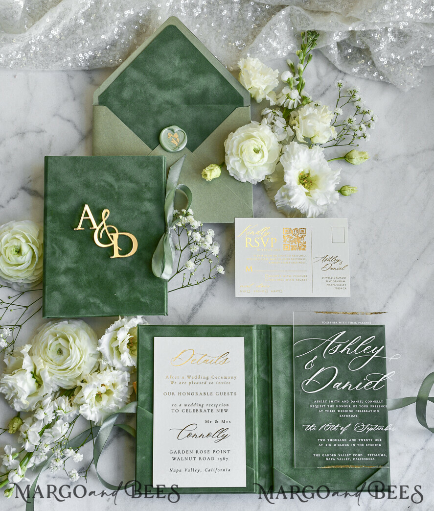 WEDDING INVITATIONS plexi acrylic mirror velvet Cover Clear Wedding Invitations, Elegant sage green Wedding Cards,  Acrylic Wedding Invites, Mirror Gold Plexi Invitation Suite