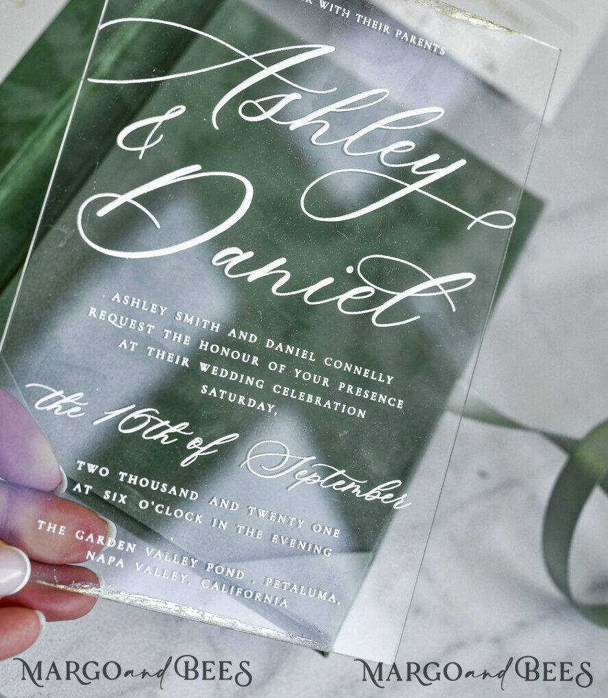 WEDDING INVITATIONS plexi acrylic mirror velvet Cover Clear Wedding Invitations, Elegant sage green Wedding Cards,  Acrylic Wedding Invites, Mirror Gold Plexi Invitation Suite