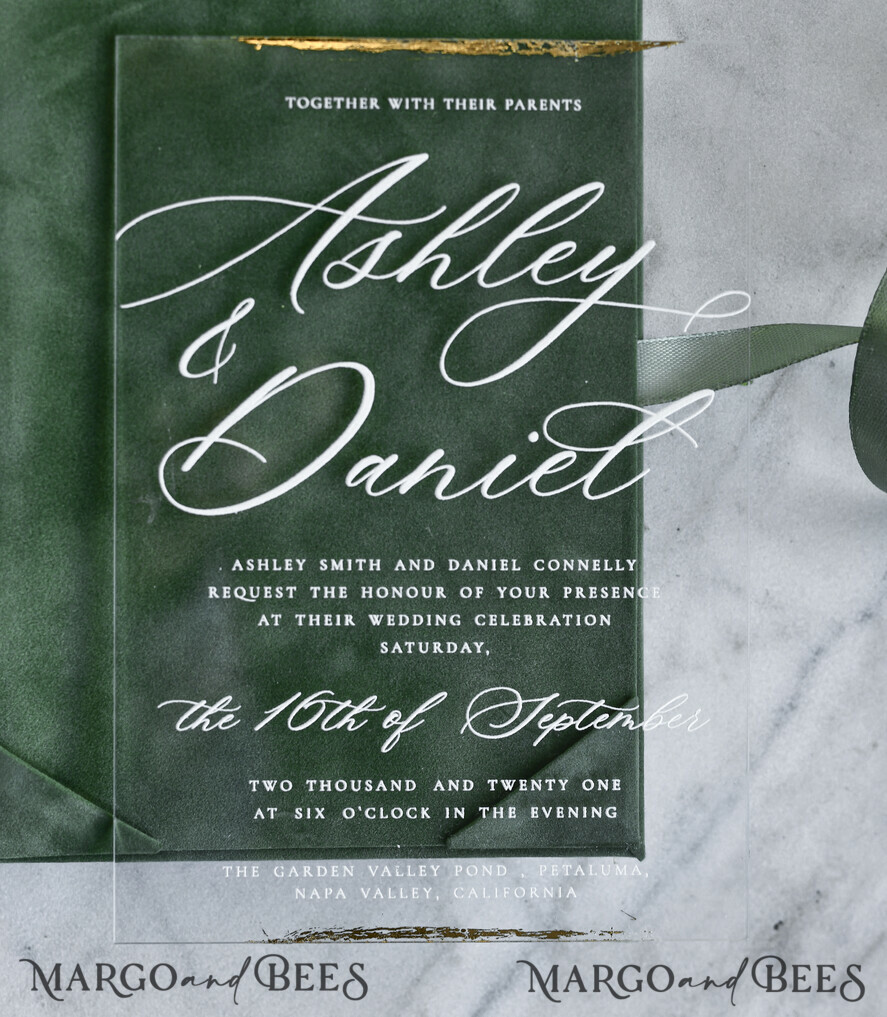 WEDDING INVITATIONS plexi acrylic mirror velvet Cover Clear Wedding Invitations, Elegant sage green Wedding Cards,  Acrylic Wedding Invites, Mirror Gold Plexi Invitation Suite