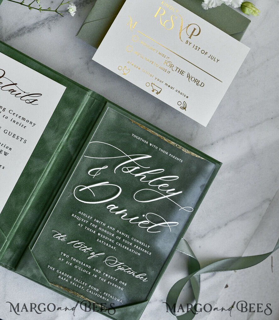 WEDDING INVITATIONS plexi acrylic mirror velvet Cover Clear Wedding Invitations, Elegant sage green Wedding Cards,  Acrylic Wedding Invites, Mirror Gold Plexi Invitation Suite