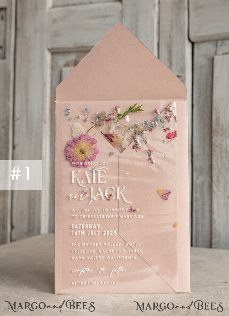 WEDDING INVITATIONS plexi acrylic mirror Blush Pink Clear real flowers Wedding Invitations, Elegant Garden  pampass gras Wedding Cards, Velvet  transparent  Wedding Invites,  Wedding Invitation Suite
