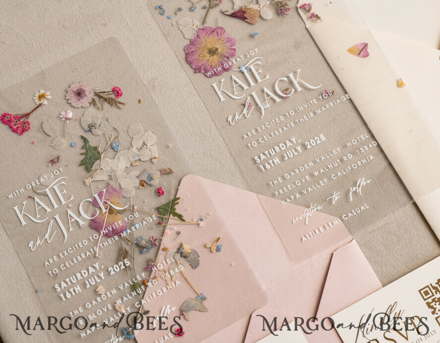 WEDDING INVITATIONS plexi acrylic mirror Blush Pink Clear real flowers Wedding Invitations, Elegant Garden  pampass gras Wedding Cards, Velvet  transparent  Wedding Invites,  Wedding Invitation Suite