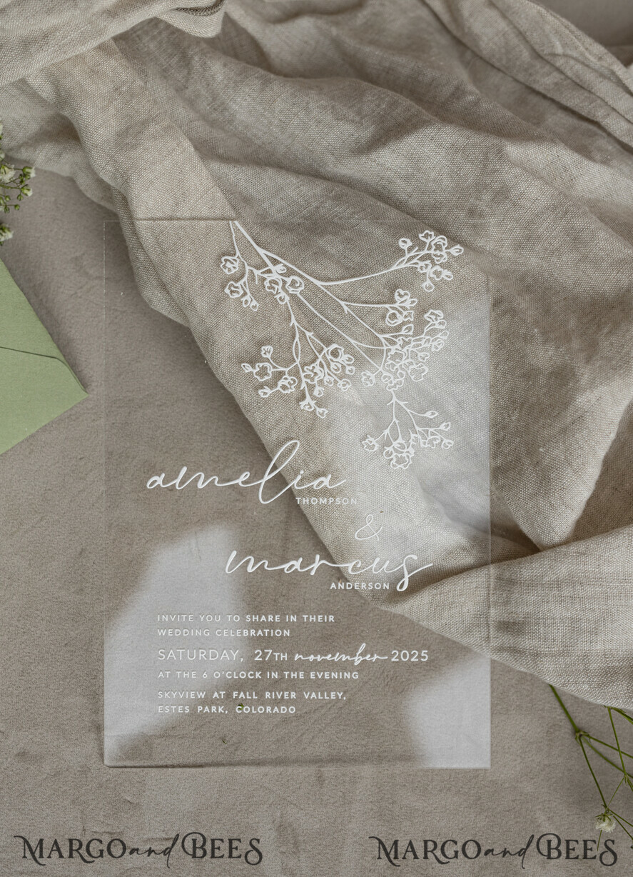 WEDDING INVITATIONS plexi acrylic mirror Sage Green Frozen Transparent Baby Breath Wedding Invitations, Elegant Garden Gypsophila Wedding Cards, Greenery Acrylic  Wedding Invites, Clear Plexi Wedding Invitation Suite