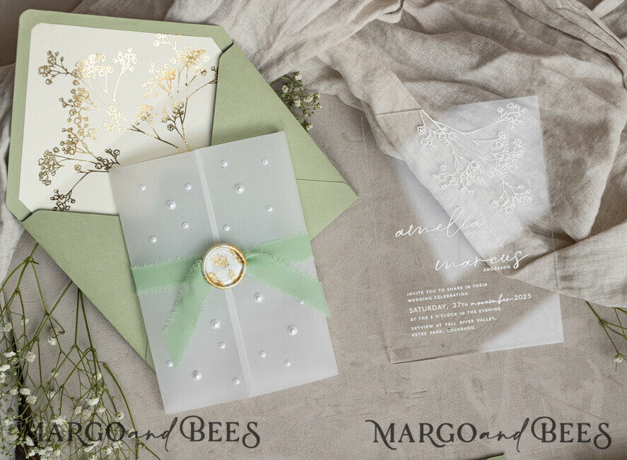 WEDDING INVITATIONS plexi acrylic mirror Sage Green Frozen Transparent Baby Breath Wedding Invitations, Elegant Garden Gypsophila Wedding Cards, Greenery Acrylic  Wedding Invites, Clear Plexi Wedding Invitation Suite