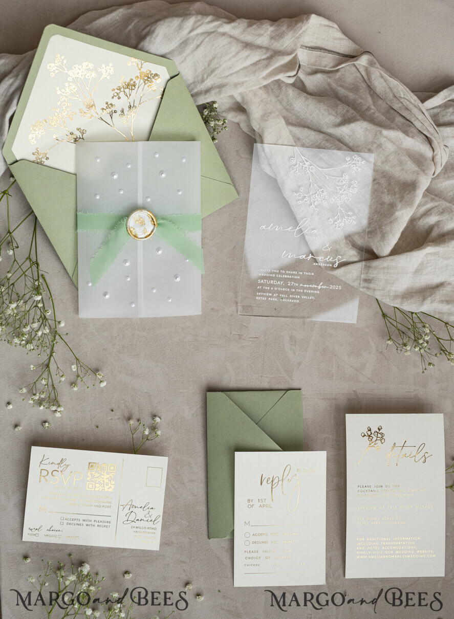 WEDDING INVITATIONS plexi acrylic mirror Sage Green Frozen Transparent Baby Breath Wedding Invitations, Elegant Garden Gypsophila Wedding Cards, Greenery Acrylic  Wedding Invites, Clear Plexi Wedding Invitation Suite