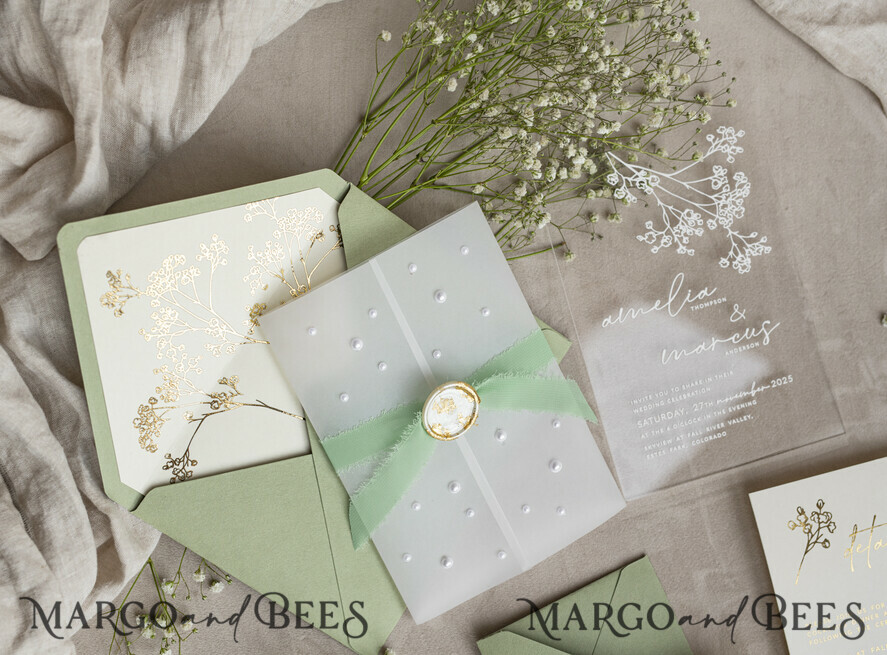 WEDDING INVITATIONS plexi acrylic mirror Sage Green Frozen Transparent Baby Breath Wedding Invitations, Elegant Garden Gypsophila Wedding Cards, Greenery Acrylic  Wedding Invites, Clear Plexi Wedding Invitation Suite