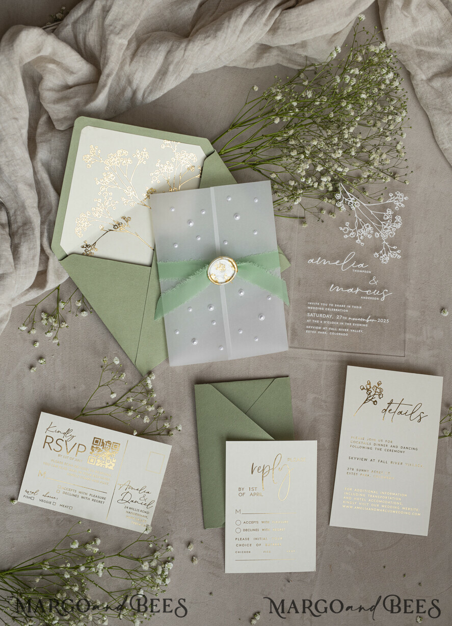WEDDING INVITATIONS plexi acrylic mirror Sage Green Frozen Transparent Baby Breath Wedding Invitations, Elegant Garden Gypsophila Wedding Cards, Greenery Acrylic  Wedding Invites, Clear Plexi Wedding Invitation Suite