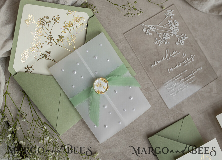 WEDDING INVITATIONS plexi acrylic mirror Sage Green Frozen Transparent Baby Breath Wedding Invitations, Elegant Garden Gypsophila Wedding Cards, Greenery Acrylic  Wedding Invites, Clear Plexi Wedding Invitation Suite