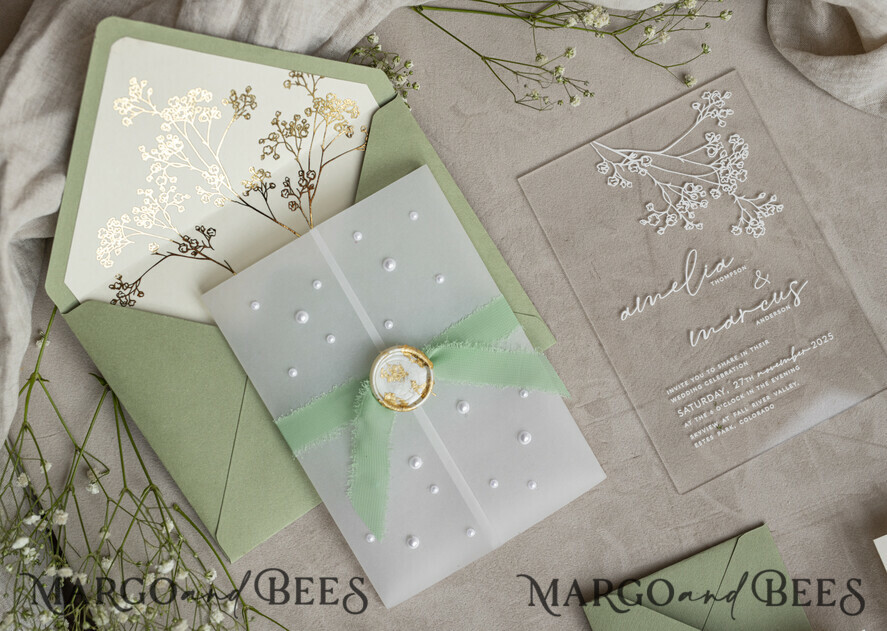 WEDDING INVITATIONS plexi acrylic mirror Sage Green Frozen Transparent Baby Breath Wedding Invitations, Elegant Garden Gypsophila Wedding Cards, Greenery Acrylic  Wedding Invites, Clear Plexi Wedding Invitation Suite