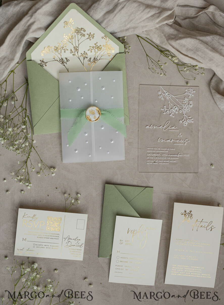 WEDDING INVITATIONS plexi acrylic mirror Sage Green Frozen Transparent Baby Breath Wedding Invitations, Elegant Garden Gypsophila Wedding Cards, Greenery Acrylic  Wedding Invites, Clear Plexi Wedding Invitation Suite