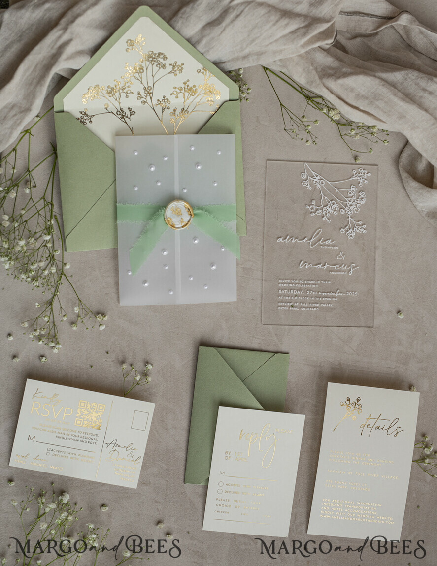 WEDDING INVITATIONS plexi acrylic mirror Sage Green Frozen Transparent Baby Breath Wedding Invitations, Elegant Garden Gypsophila Wedding Cards, Greenery Acrylic  Wedding Invites, Clear Plexi Wedding Invitation Suite