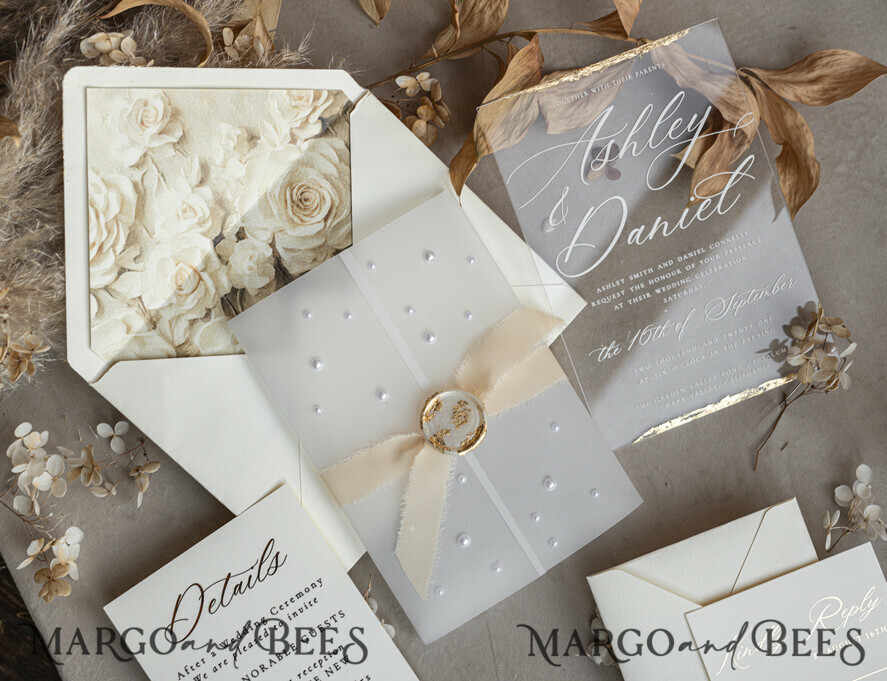 WEDDING INVITATIONS plexi acrylic mirror Ivory Beaded Wrapping Wedding Invitations, Elegant Clear Acrylic Wedding Cards, Plexi Transparent Wedding Invites, Wedding Invitation Suite with Pearls