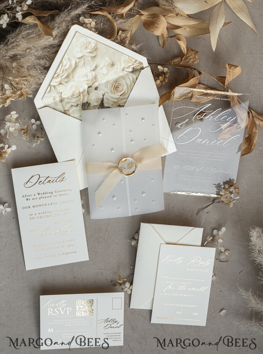 WEDDING INVITATIONS plexi acrylic mirror Ivory Beaded Wrapping Wedding Invitations, Elegant Clear Acrylic Wedding Cards, Plexi Transparent Wedding Invites, Wedding Invitation Suite with Pearls