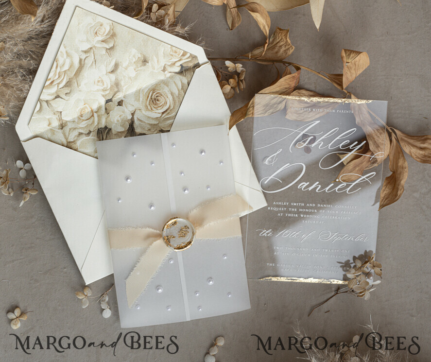 WEDDING INVITATIONS plexi acrylic mirror Ivory Beaded Wrapping Wedding Invitations, Elegant Clear Acrylic Wedding Cards, Plexi Transparent Wedding Invites, Wedding Invitation Suite with Pearls