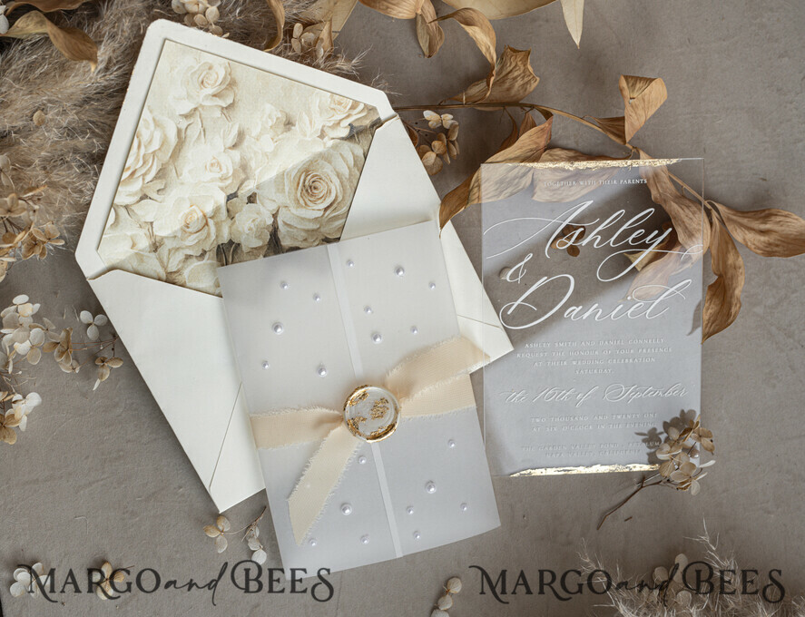 WEDDING INVITATIONS plexi acrylic mirror Ivory Beaded Wrapping Wedding Invitations, Elegant Clear Acrylic Wedding Cards, Plexi Transparent Wedding Invites, Wedding Invitation Suite with Pearls